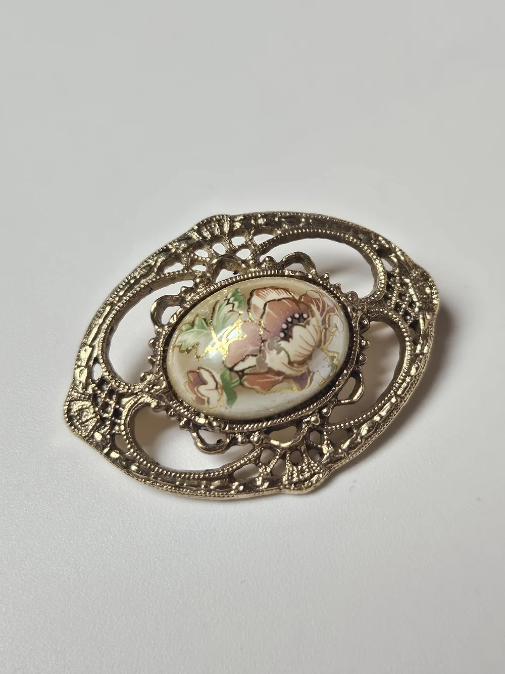 Gold-Tone Floral Porcelain Filigree Brooch - Cream, Pink and Green